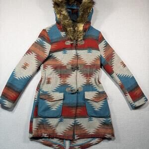 BB Dakota Coat Womens Small Multicolor Hooded Fur Trim Tribal Western